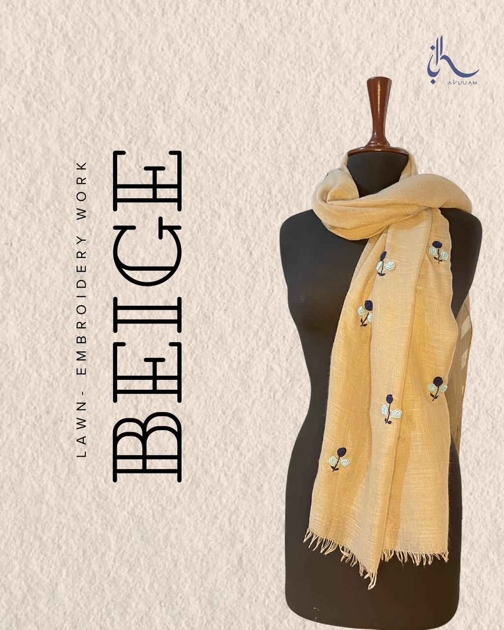 Beige lawn scarf with navy and sky blue floral embroidery