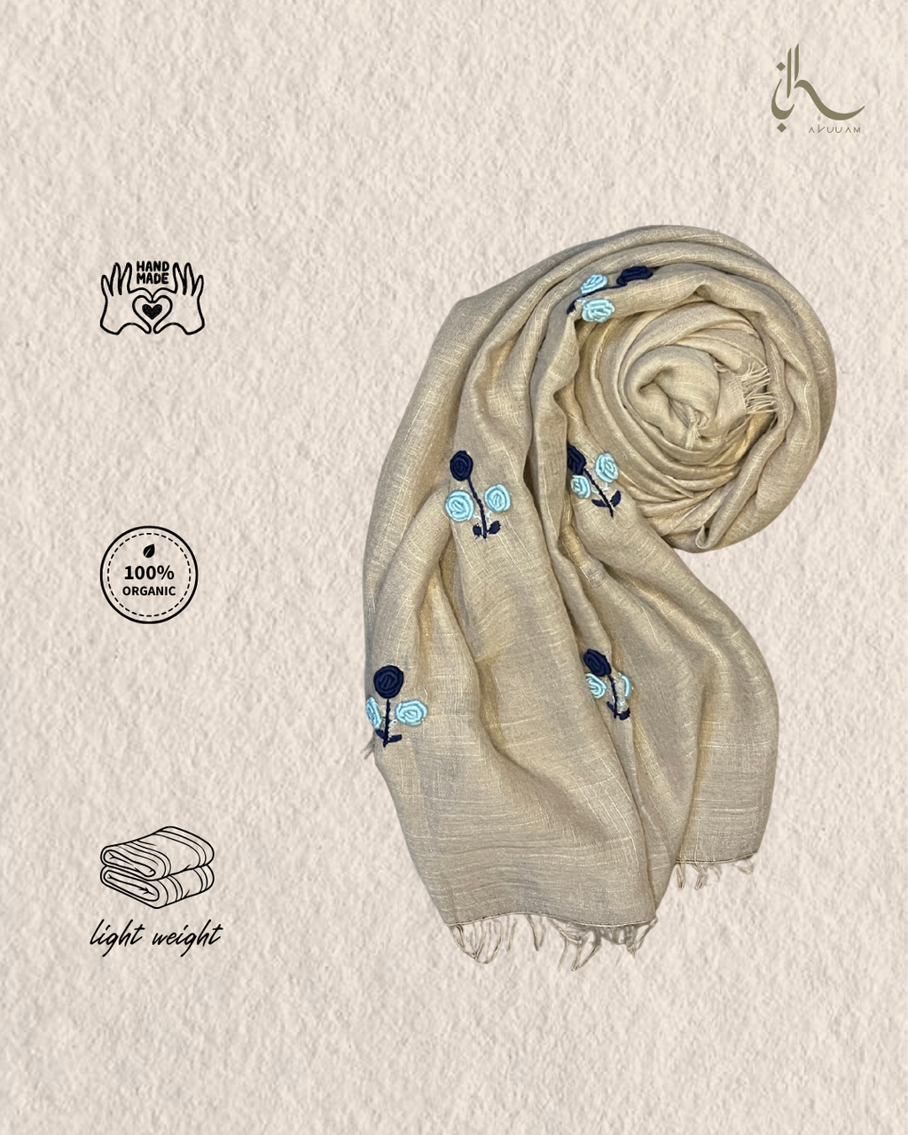Beige lawn scarf with navy and sky blue floral embroidery
