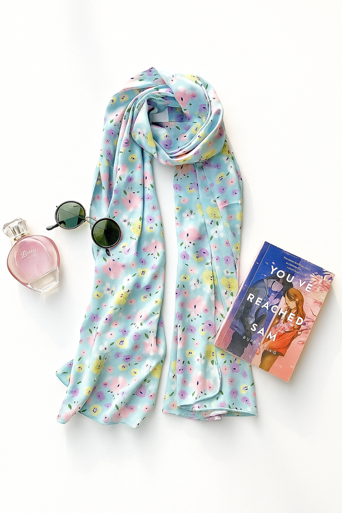 Blue silk scarf with floral design