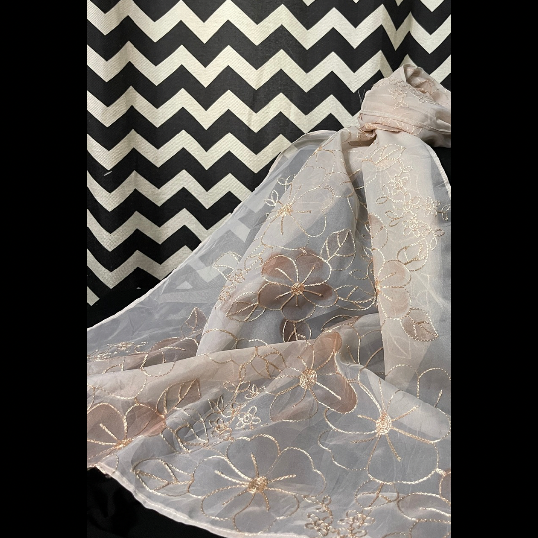Pastel Pink Organza Scarf with Central Floral Embroidery & Paints