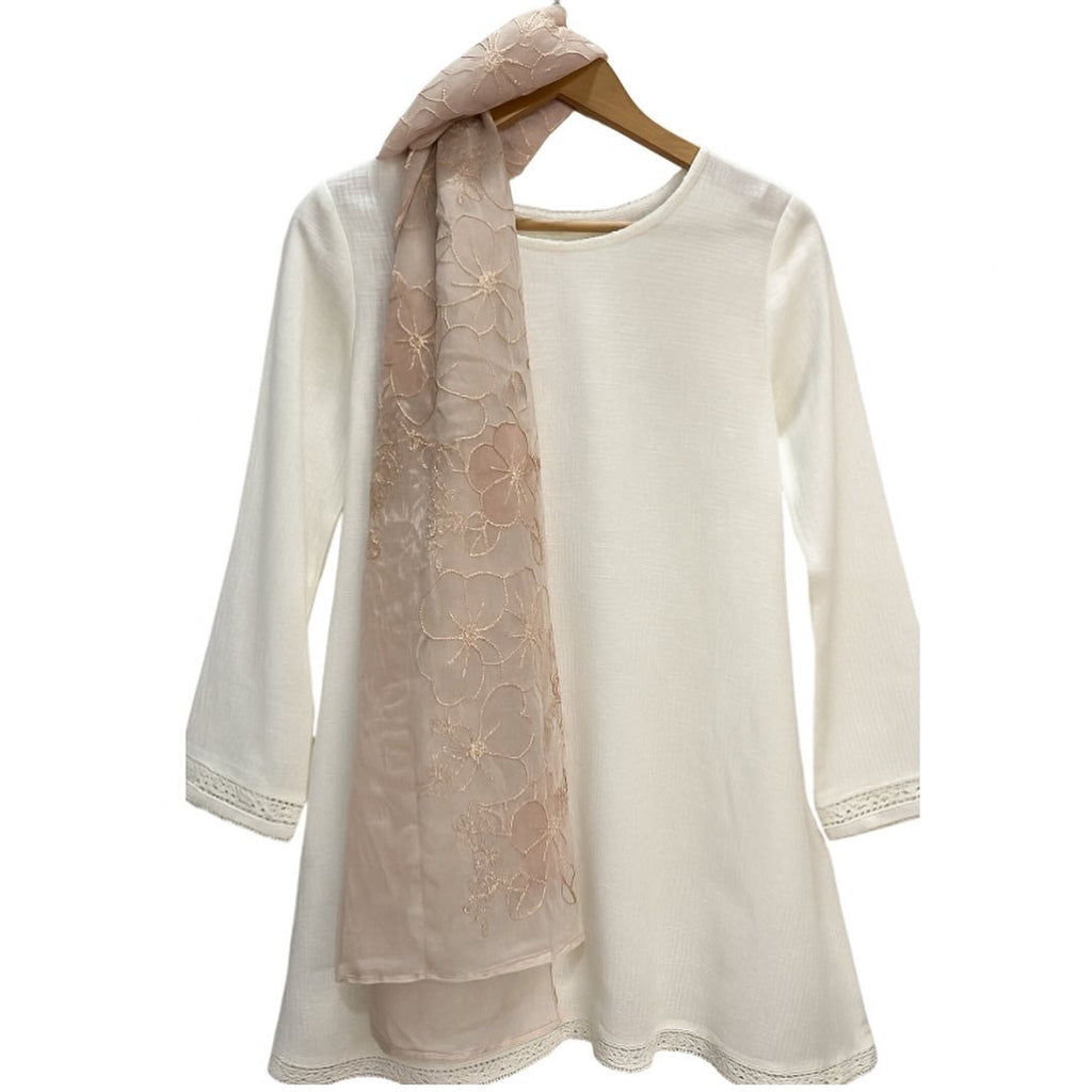 Pastel Pink Organza Scarf with Central Floral Embroidery & Paints