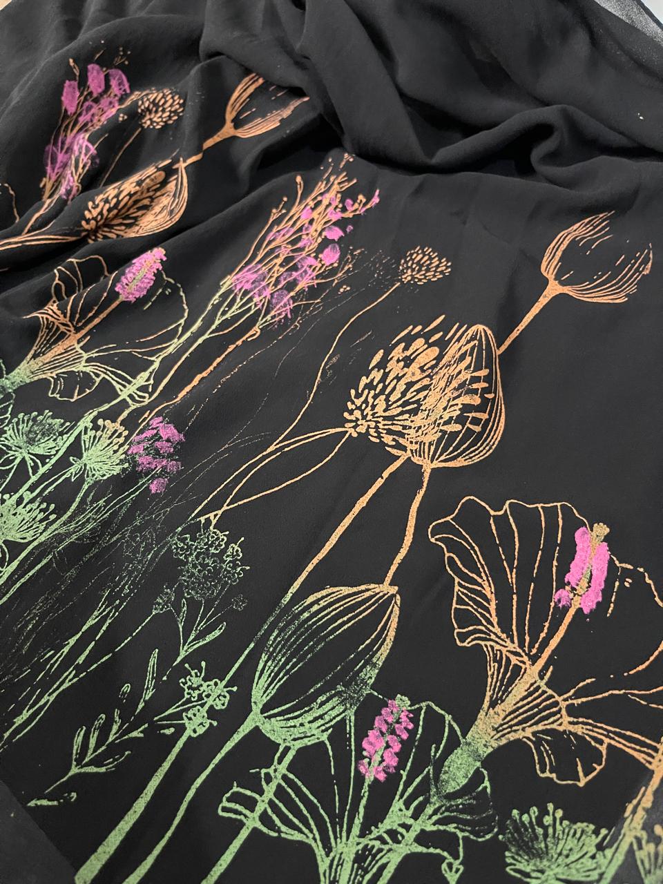Black georgette scarf with multicolour block print