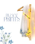 White Georgette Scarf with Blue Leafy Block Print & Silver Highlights – Elegant Lightweight Wrap