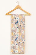 Silk Abstract Print Scarf with Golden Beads – Taupe, Mustard & Pastel Boho Chic Wrap