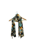 Grip Scarf with Abstract Brush Stroke Design in Teal, Saffron & Black – Artistic Beaded Tassel Wrap
