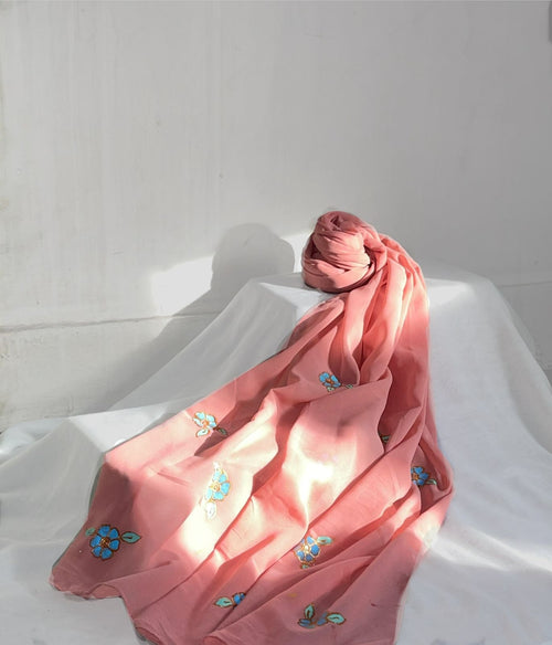 Blush pink georgette scarf with blue and green floral motifs
