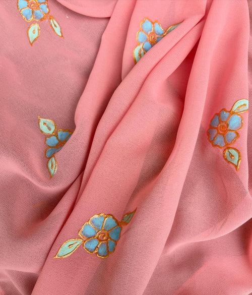 Blush pink georgette scarf with blue and green floral motifs