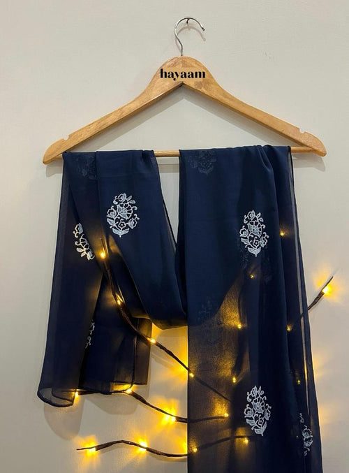 Navy blue georgette scarf with block print