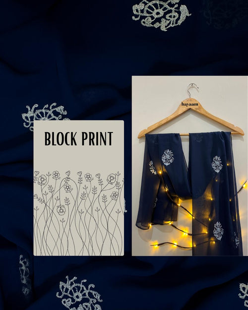 Navy blue georgette scarf with block print