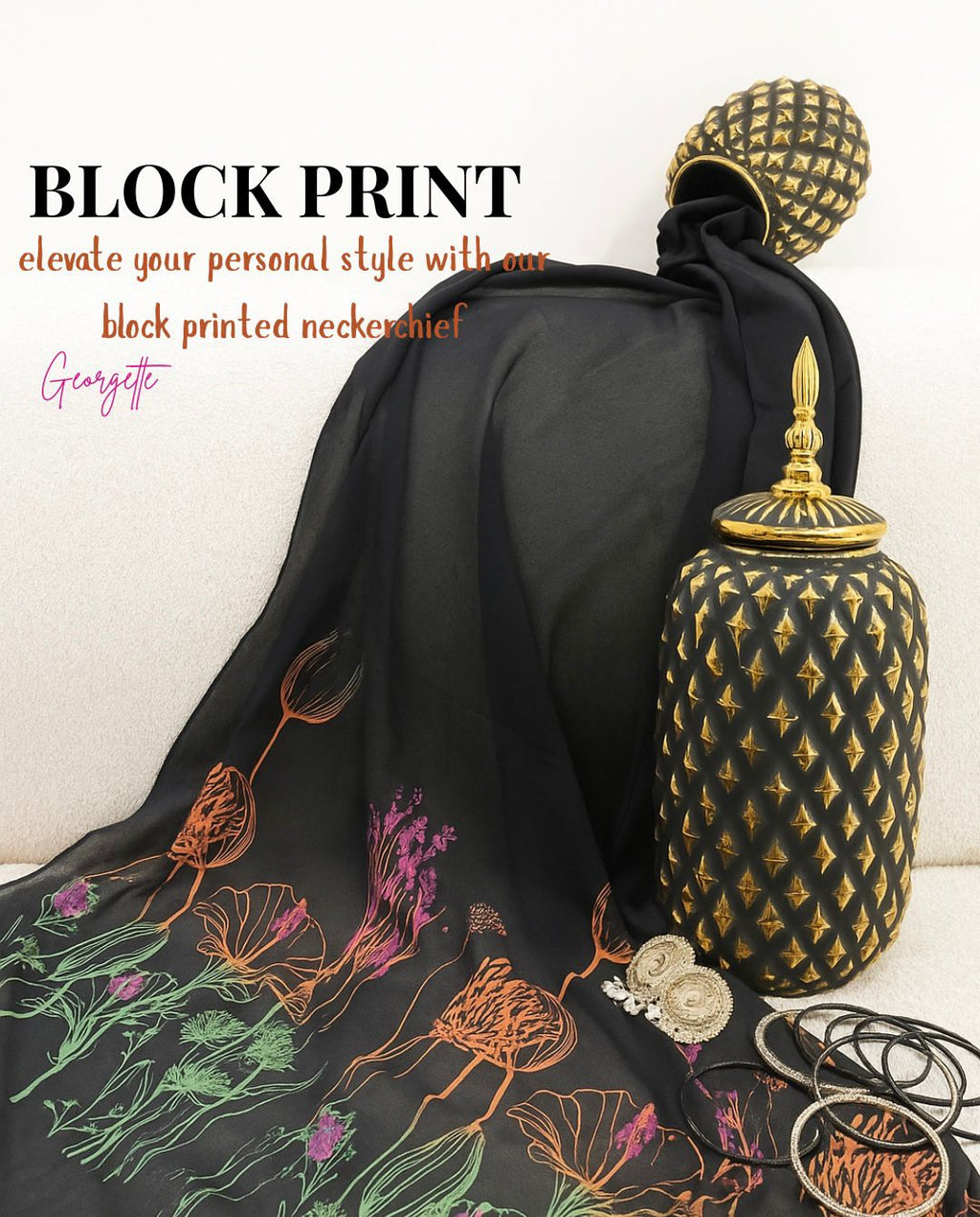 Black georgette scarf with multicolour block print