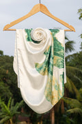 White Silk Scarf with Green Leafy Print Design