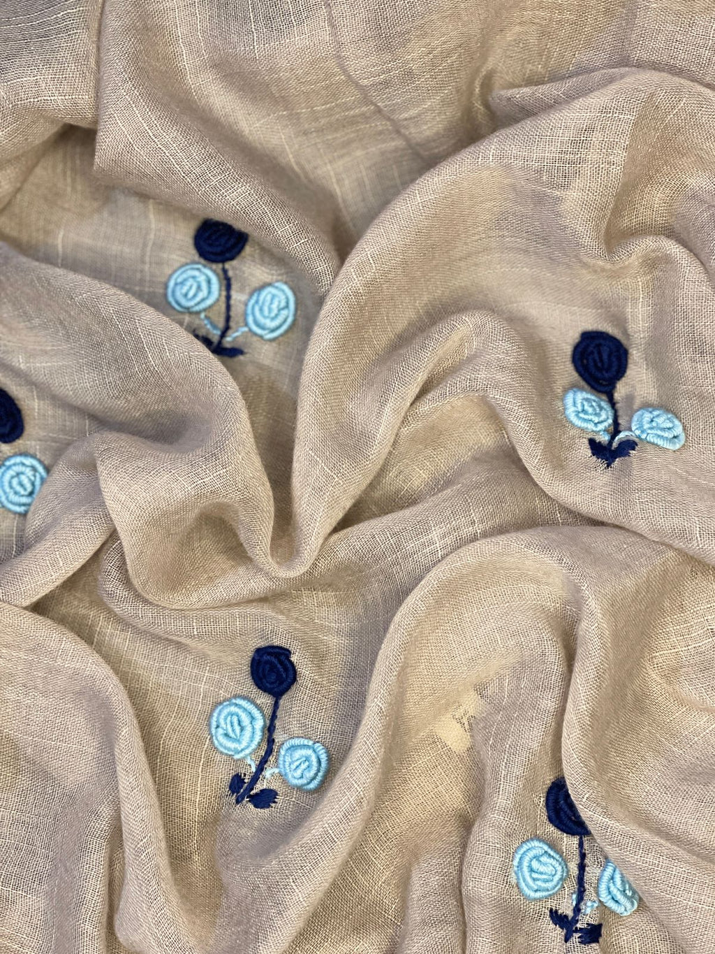 Beige lawn scarf with navy and sky blue floral embroidery