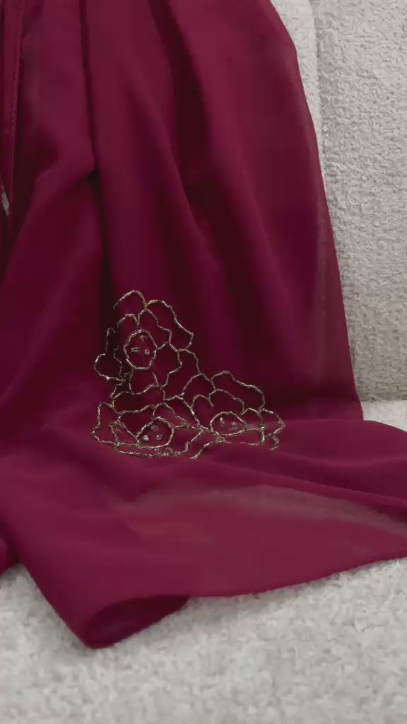 Maroon Georgette Scarf with Golden Katka Handwork – Elegant Traditional Wrap